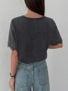 DAZY Áo thun nữ mùa hè cổ tròn tay ngắn phối ren kiểu dáng thường ngày - màu đen - Xem 4