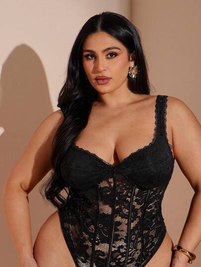 SHEIN BAE Plus Size Women's Lace Patchwork Semi-Sheer Sexy Bodysuit, Underwire Bust Cinched Waist Bodysuit, Black Sexy Bodysuit,Black Lace Camisole Corset, Women's Camisole, Black Camisole, Women's Tank Top, Autumn/Winter Base Layer, Party Cocktail,