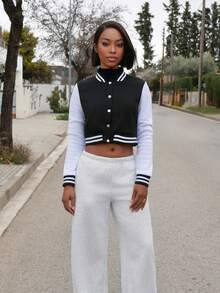 Yess Loren Chaqueta De Estilo Universitario Para Mujer Con Bloque De Color - Blanco y Negro - Ver 6