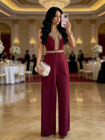 Rafferiza 2026 Spring/Summer New Arrivals Women's V-Neck Sleeveless Jumpsuit With Tassels And Sequins, Red Jumpsuit, Burgundy Jumpsuit, Tassel Jumpsuit, Waist-Defining Jumpsuit, Carnival Jumpsuit, Elegant Party Jumpsuit, Elegant Jumpsuit, Jilbab Jumpsuit, Women's Casual Jumpsuit, Luxury Jumpsuit, Sparkling Jumpsuit, Women's Luxurious Jumpsuit, Gold Lace Trim Waist-Defining Jumpsuit, Wine Red Jumpsuit Palazzo Jumpsuit Boho Jumpsuit Dinner Outfits For Women Women's Jumpsuit Embroidered Jumpsuit