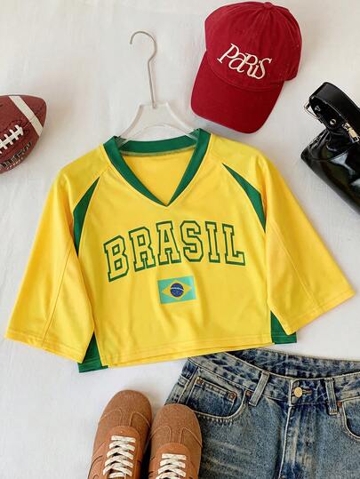 Comfortcana 여성 여름 반팔 브이넥 옐로우 대비 색상 레터 프린트 캐주얼 크롭 탑, 래글런 슬리브 니트 스웨터