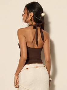 COSMINA Women's Elegant Versatile Deep V Halter Tie Knit Embroidered Tank Top, Suitable For Spring/Summer, Boho Vacation, Beach, Daily Commute, Office,  Brown Summer Top,  Brown Tops For Ladies,  Brown Festival Top,  Brown Cover Up Top,  Beach Outfit For Women - Brown - View 2