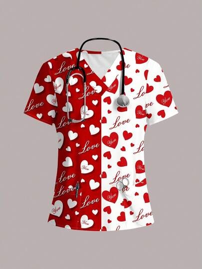 PopScrub Women's V-Neck Matte Printed Blouse With 2 Pockets - Comfortable Work Uniform