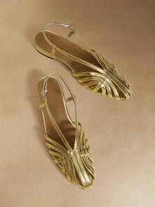 Rosivie 女士方头金色PU编织多带凉鞋，配金属环扣，适合约会、情人节、通勤等场合。 - 金色 - 查看 1