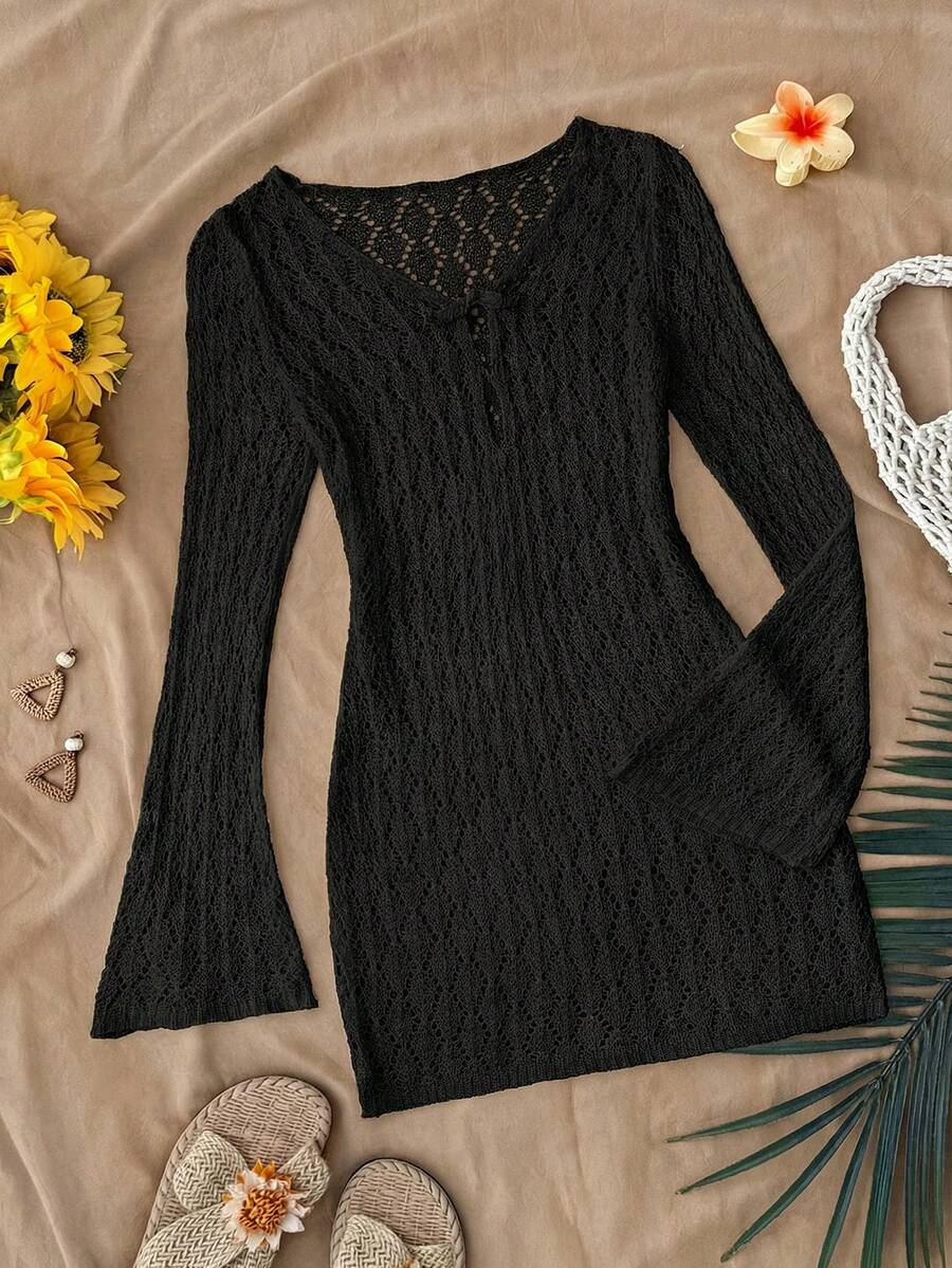 SHEIN Tween Girl Solid Color Hollow Out Bell Sleeve Cover-Up Dress - Black - View 1
