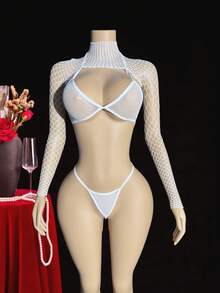 3入組女式性感鉸孔內衣套裝 - 白色 - 查看 6
