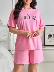 SHEIN 棉质加大码女式两件套粉色撞色睡衣，字母图案细节上衣搭配松紧腰纯色短裤，家居休闲睡衣套装 - 粉色 - 查看 3