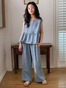 DAZY Conjunto de top de tirantes de mezclilla con volantes en el bajo y pantalones de mezclilla para niña preadolescente de verano informal de unicolor - Azul - Ver 4