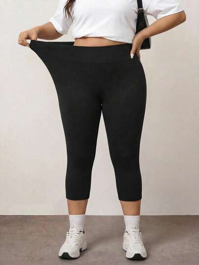 Enliva 大码女式基本款纯色黑色七分紧身裤，适合曲线身材/夏季凉爽弹力面料。