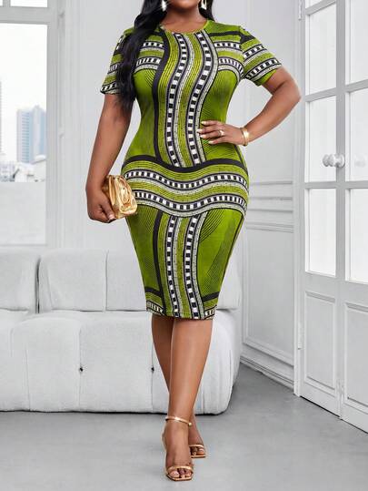 SHEIN Lady Vestido midi de manga corta de punto ajustado, de cuello redondo, elegante y colorido, para uso en la oficina y paseos, para mujeres de talla grande, elegante y de estilo bohemio, para primavera y verano