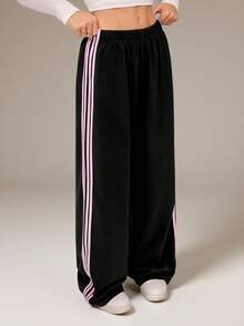 SHEIN Tall 黑色针织阔腿休闲运动裤，女士阔腿运动裤，舒适运动裤，宽松裤 - 黑色 - 查看 3