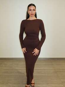 MDEdit Elegant Backless Metal Decor Waist Fitted Knit Dress For Women, Party & Gathering Open Back Dress Chocolate Brown Dress - Coffee Brown - View 1