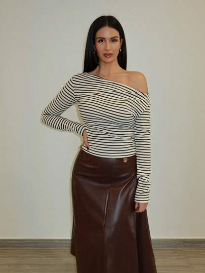 MDEdit 女士撞色条纹斜肩长袖T恤