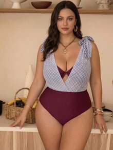 Swim Chiccia 新款优雅自信知性泳装，适合夏季海滩度假，复古格子图案，时尚优雅大码泳装套装 - 棕色 - 查看 5