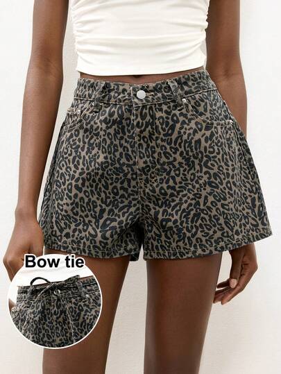 Maija Women's Leopard Print Denim Shorts, Summer A-Line Shorts, Bow Tie, Casual Summer Outfit