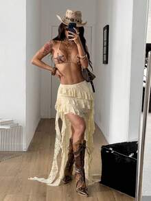 Coolane Trang phục đi xem hòa nhạc mùa hè dành cho nữ, phong cách đường phố, trang phục đi nghỉ mát, phong cách Boho, Y2K, nhạc đồng quê, Gyaru, ren, bất đối xứng, xếp nếp, tua rua, màu trắng, cạp thấp, váy dài. - Màu be - Xem 6