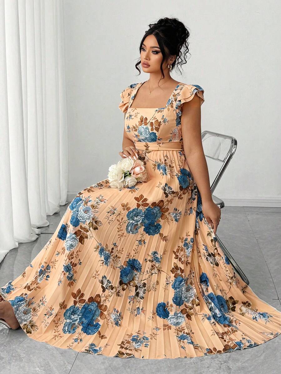 Elenzga 大码女式复古法式百搭度假约会连衣裙，褶皱腰身，印花荷叶边袖，方领设计。 - 卡其色 - 查看 1