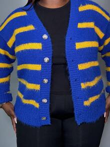 Truni Áo khoác cardigan cổ chữ V sọc nhiều màu sắc thường ngày thu/đông 2025, thích hợp cho tiệc sinh nhật, mặc hàng ngày, đi nghỉ, du lịch, đi biển, tắm nắng, phong cách đường phố, cỡ lớn cho nữ - Màu xanh lam - Xem 4