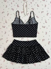 Elamini Women Bow Lace Trim Camisole Top And Layered Ruffle Hem Mini Skirt 2 Pieces Set - Black and White - View 2