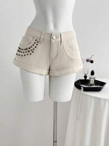 Elamini Women's Casual Everyday Washed Denim Shorts With Pockets And Buttons - Beige - View 4