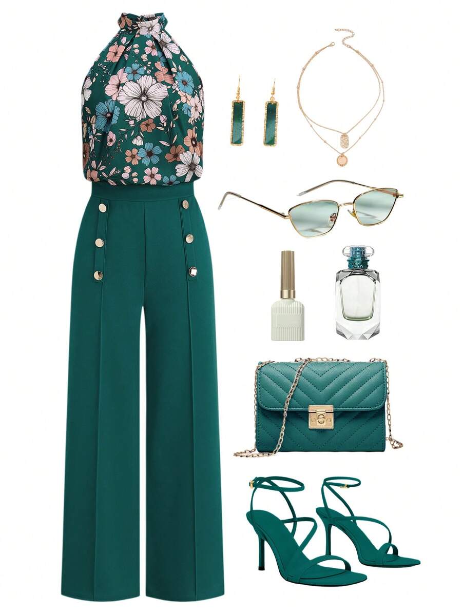 SHEIN Clasi 2pcs Women Elegant Dark Green Floral Print Halter Top And Solid Color Pants Set,Summer Retro Color-Blocked Sleeveless Neck Shirt And Trousers Brunch - Green - View 1