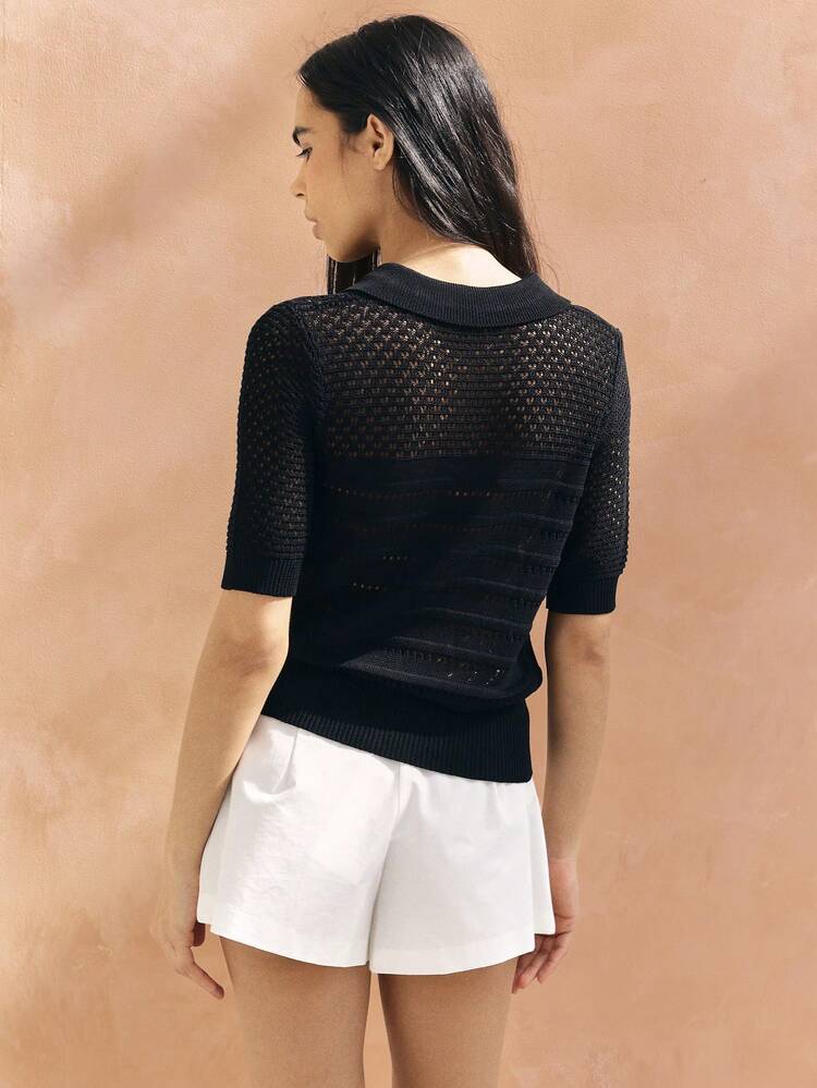 KSTM Women's Open Knit Black Short Sleeve Polo Top With Horizontal Stripe Openwork Pattern Perfect For Spring Summer Casual Wear
