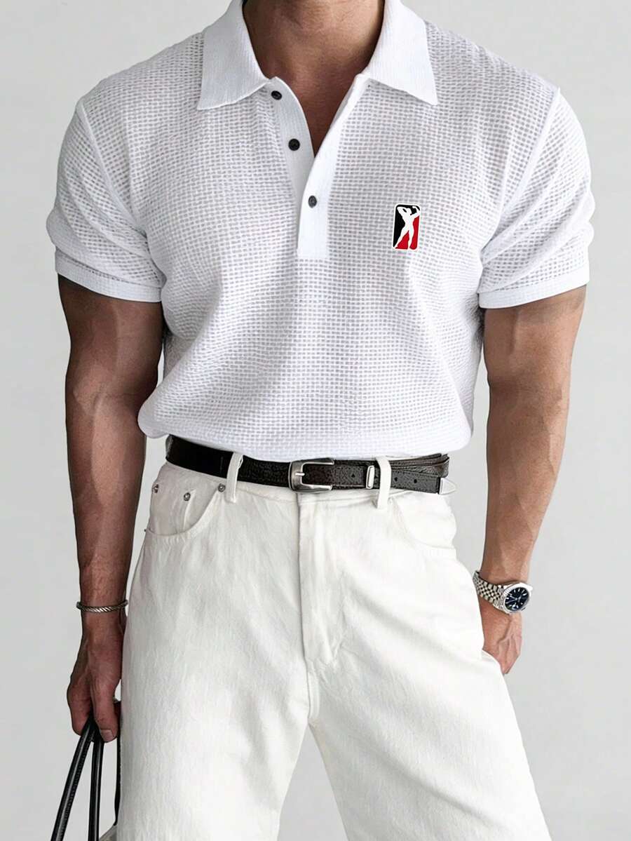 Voltform Men's Minimalist Printed Short Sleeve Sports Polo T-Shirt, Gym - Beige - View 1