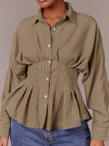 Athîral Women's Striped Waist Cinched Long Sleeve Dropped Shoulder Pleated Blouse - Khaki - View 2