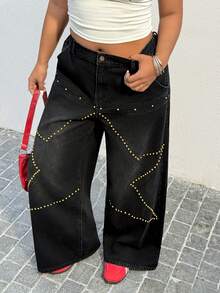 Muchica Plus Size Women Casual Street Style Star Rivet Decor Pants, Spring/Summer,Carnival Women Look 2026,Going Out Outfits, Holiday Outfits,Black - Light Grey - View 4