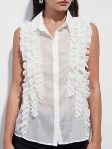 Aveloria Modichic Fashionable Versatile Sleeveless Chiffon Sheer Ruffled Layered Decorative Sleeveless Blouse, European And American Style - White - View 3