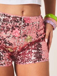 MISSGUIDED Women's Pink Sequin Hot Pants With 3D Flower Appliques Festival Party Night Shorts Sparkle Glitter Club Wear Summer Sexy - Pink - View 5