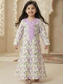 SHEIN Vestido holgado de manga larga con estampado de encaje y bordado floral de tulipán, apropiado para vacaciones, uso diario, combinación de hermanos, atuendos de padres e hijos, ropa árabe tradicional, jalabiya, abaya, encaje, elegante bata de kaftan para niña preadolescente - Púrpura malva - Ver 5