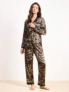 Hourtrue 2pcs Women Leopard Print Long Sleeve Collar Pocket Shirt And Pants Pajama Set, Ladies Sleepwear Loungewear For All Seasons - Brown - View 4