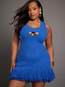 NYA SZN 大码女式纯色镂空流苏设计优雅束腰派对针织连衣裙 - 藍色 - 查看 4