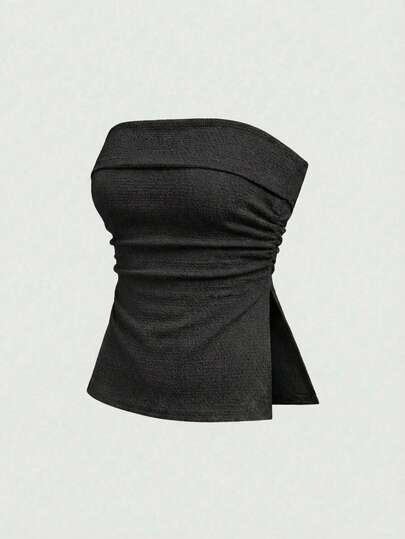 Bulbuuk Top strapless para mujer, diseño ajustado, tejido texturizado, corte recto bajo con abertura, estilo sofisticado, prenda versátil y cómoda para outfits casuales y elegantes