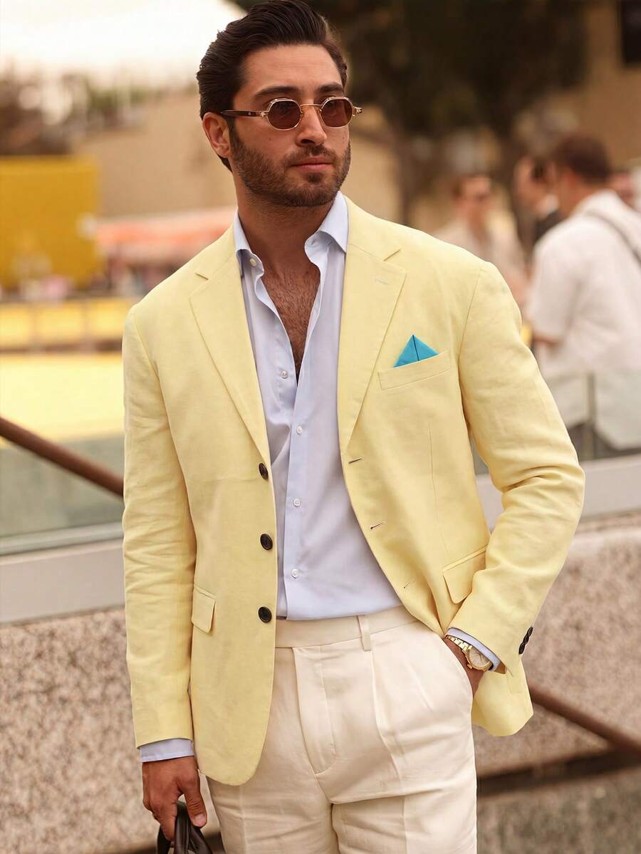Manfinity Bizformal Men's Lapel NeckSingle-Breasted Casual Suit Jacket - Light Yellow - View 1