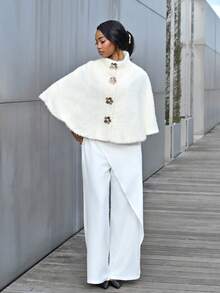 Mima John 女士时尚仿毛领常规斗篷夹克，秋冬 - 白色 - 查看 5