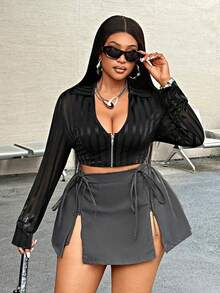 Maweii 大码女式性感系带开衩短裤，街头风性感短裤，假日/度假装 - 灰色 - 查看 4