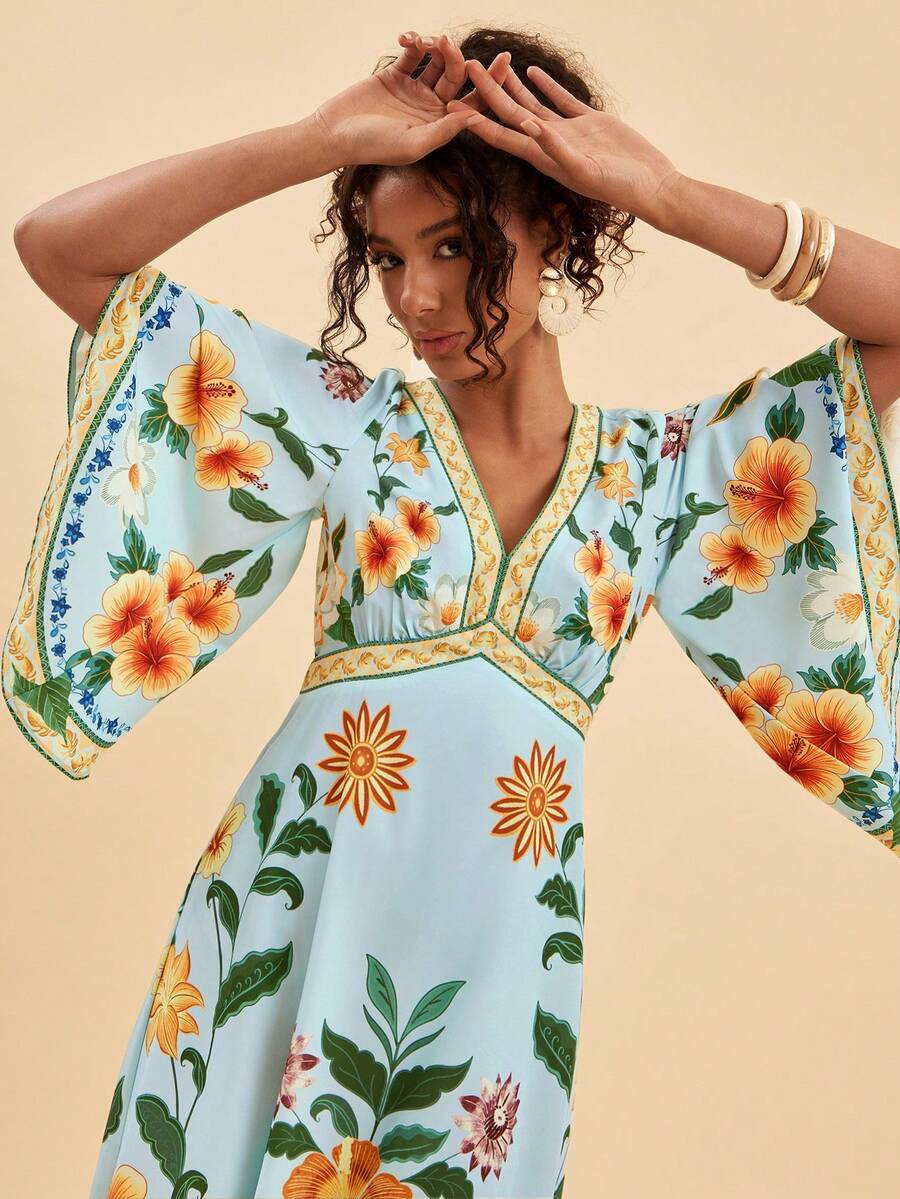 Travachic Floral Print Flare Sleeve Vacation Dress,Summer Dress,Beach Dress,Elegant Dresses For Women,Floral Dress Boho Dresses For Women Resort Dresses For Women Floral Print Dress - Green - View 1