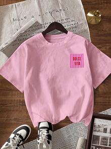 EMERY ROSE Áo thun nữ tay ngắn cổ tròn in chữ và sọc, kiểu dáng thường ngày, đa năng. - Màu Hồng baby - Xem 2