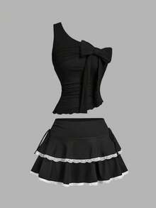 SHEIN MOD Black Drawstring Ruched Waist Tiered Cake Skirt With White Lace Trim , Date, Party, Women's Summer And Spring Wear, Spring Break, Vacation, Picnic, Festival, Birthday - Black - View 8