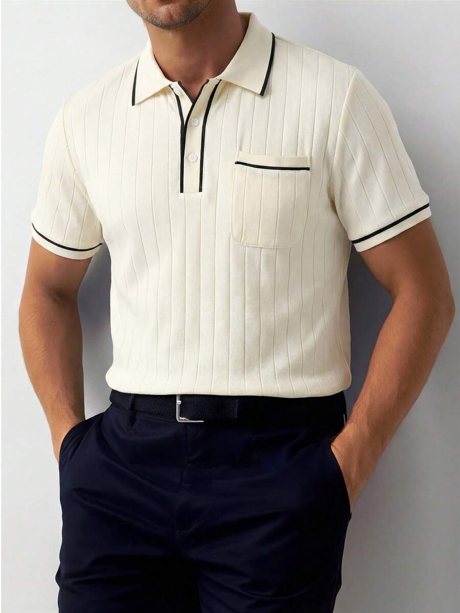 Manfinity Bizformal Áo polo nam tay ngắn chất liệu vải dệt họa tiết, thích hợp cho các buổi đi chơi, tụ họp và mặc đi làm. - Màu be - Xem 1