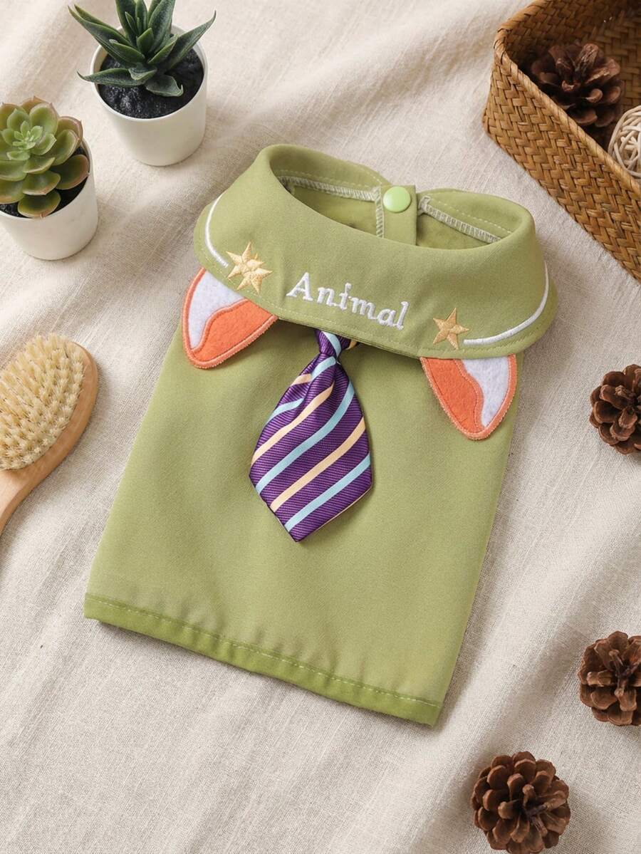 PETSIN 1件猫狗通用服装，英伦学院风“动物”宠物衬衫，带狐狸耳朵设计，绅士风上衣，适合猫狗穿着 - 綠色 - 查看 1