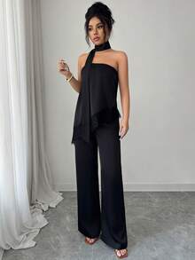 Rafferiza 女士优雅约会装，黑色系带无肩带撞色蕾丝上衣和阔腿裤两件套，春夏款 - 黑色 - 查看 5