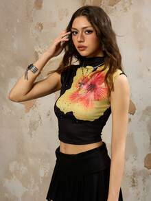 INAWLY Blusa casual para mujer con estampado floral, cuello mandarín y decoración de strass - Negro - Ver 5