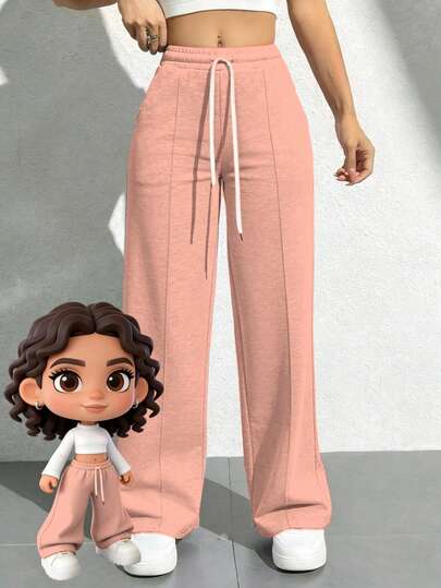 Pantalones de chándal de cintura alta de color sólido - Pantalones de yoga de pierna ancha y corte holgado con bolsillos laterales, adecuados para el uso diario en otoño, pantalones casuales holgados de unicolor y elegante y minimalista