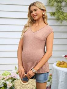 SHEIN Maternity Solid V-Neck Backless Twist Design Casual T-Shirt - Apricot - View 3