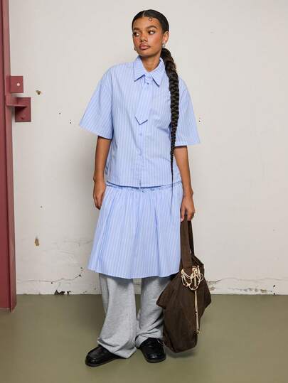 COUREZ Falda midi voluminosa con pequeña costura de volantes / Ropa de primavera estilo Y2K para mujeres, faldas azules lindas para conjuntos de salida de mujeres, conjuntos de 2 piezas para tops de verano y atuendos de verano para mujeres