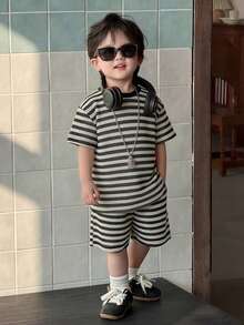 DAZY Baby Boy Round Neck Short Sleeve Casual T-Shirt And Shorts Set Summer Toddler - Black - View 4