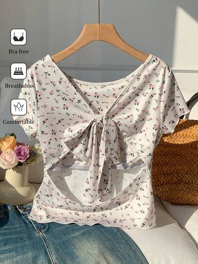 Comfortcana 2026 新款春夏时尚女装碎花扭结露背镂空短袖休闲T恤夏季上衣情人节海滩外出上衣